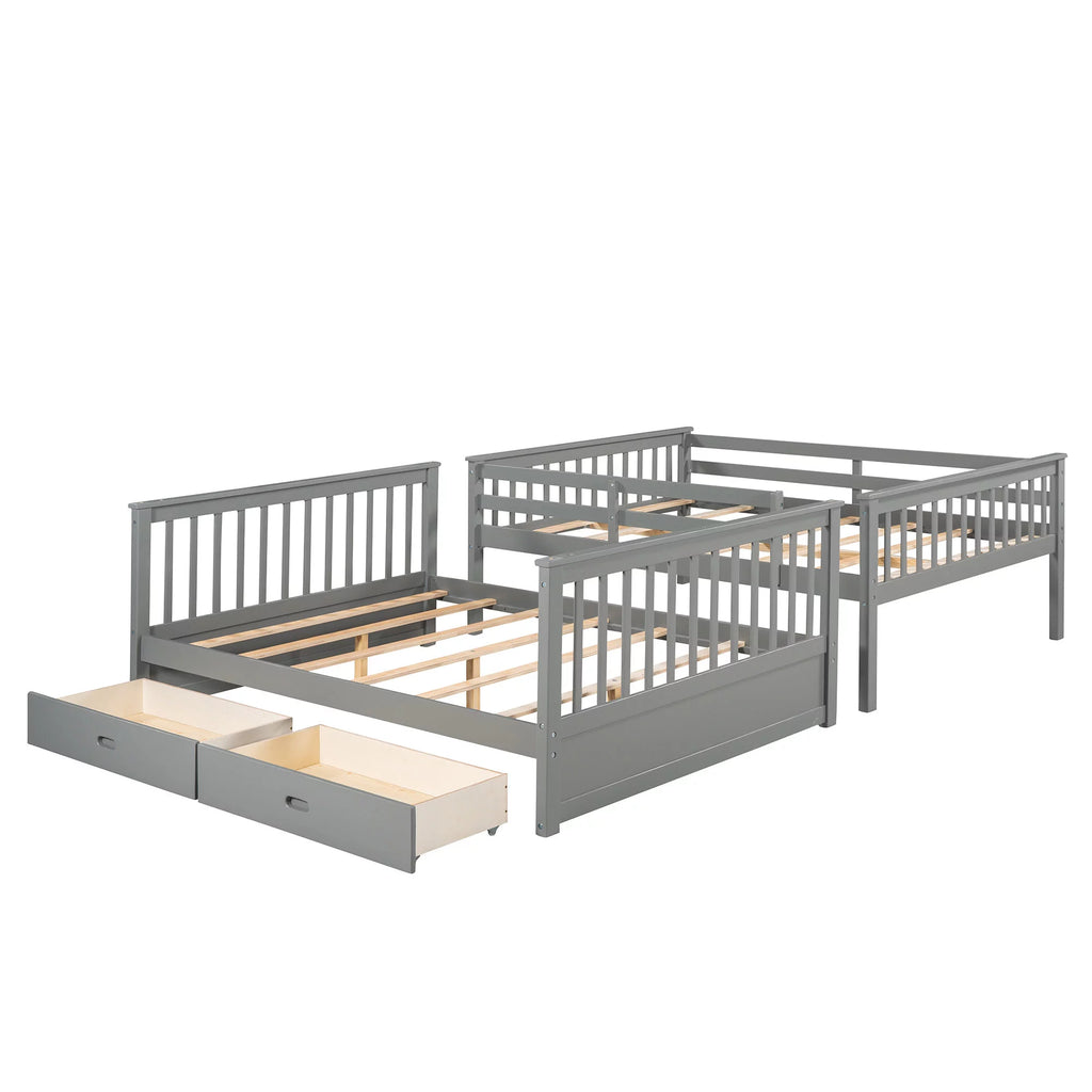 Full over Full Bunk Bed with Ladder and 2 Drawers, Gray X163