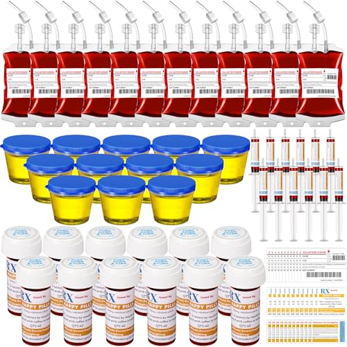 84 Pcs Halloween Party Supplies Empty Pill Bottle Blood Bag Specimen Cup Urine Sample Jar 20 ml Plastic Syringe with Sticky Label E1270