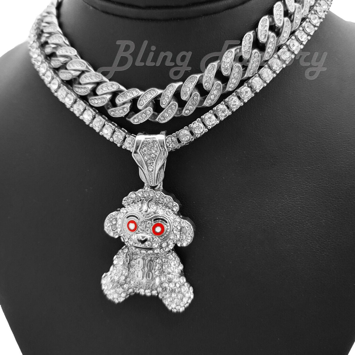Monkey Pendant 18" Tennis & Cuban Choker Chain Necklace S452973