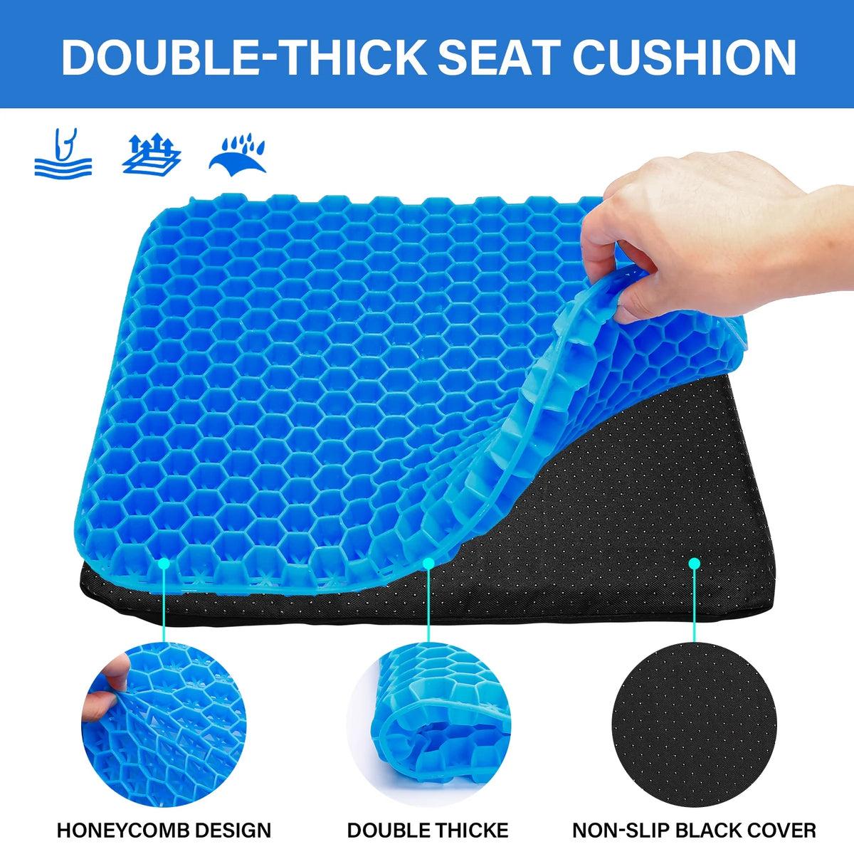 Gel Kayak Seat Cushion with Washable Non-Slip Cover, Waterproof Double Thicken Layer, Breathable Honeycomb Design, 14.9inch*12.9inch*1.1inch H137279