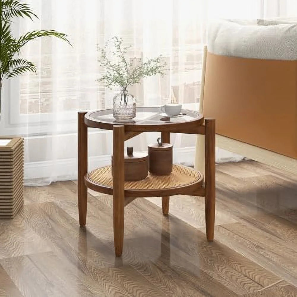 Rattan Round End Table with Tempered Glass Top and Acacia Wood Legs W62568