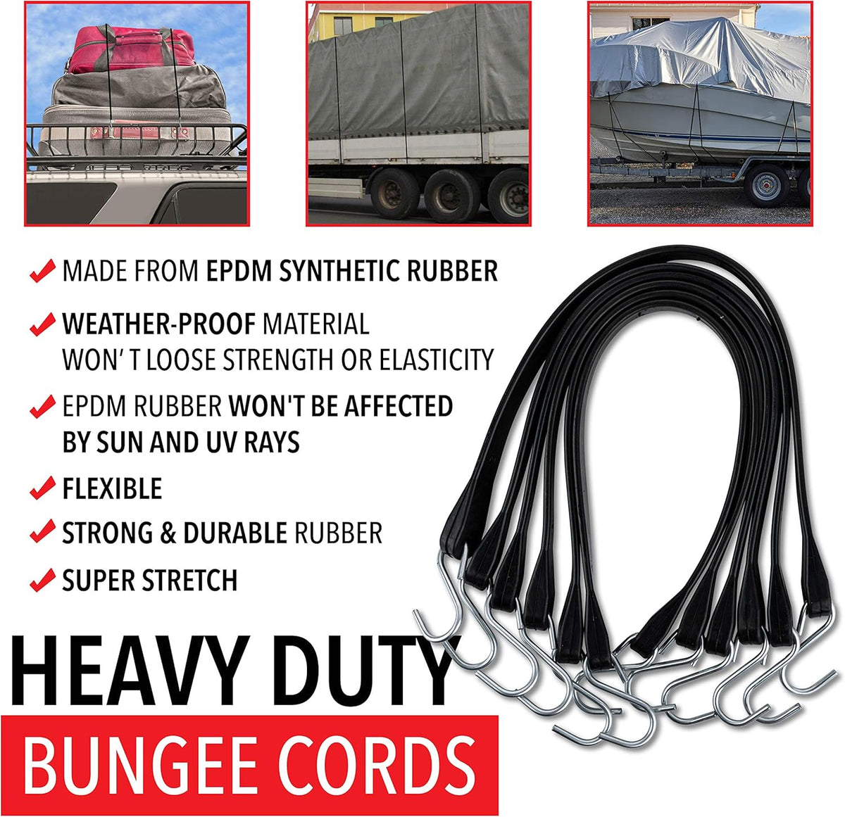 30 Pack Rubber Tarp Straps 31 Long EPDM with Crimped Hooks Bungee Cords M968