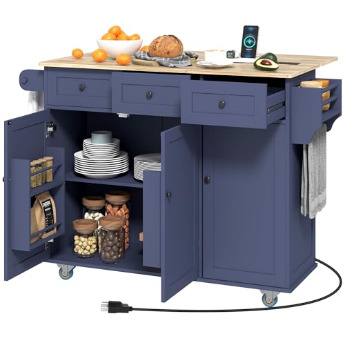 White Rolling Kitchen Island with Wood Top, 3 Drawers, Adjustable Shelf M77617