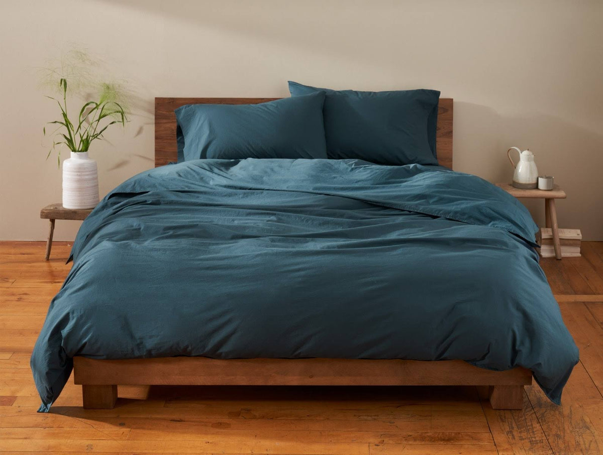 Organic Crinkled Percale Fitted Sheet King Steel Blue N7360