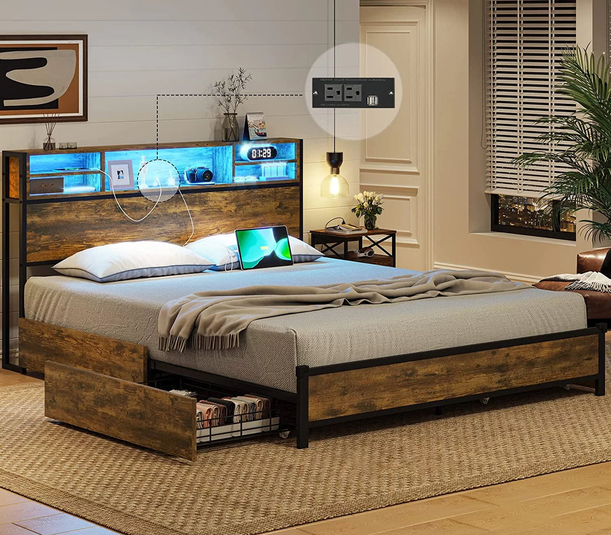 Rustic Brown Full Size Metal Platform Bed Frame with LED Headboard and USB Ports G93376