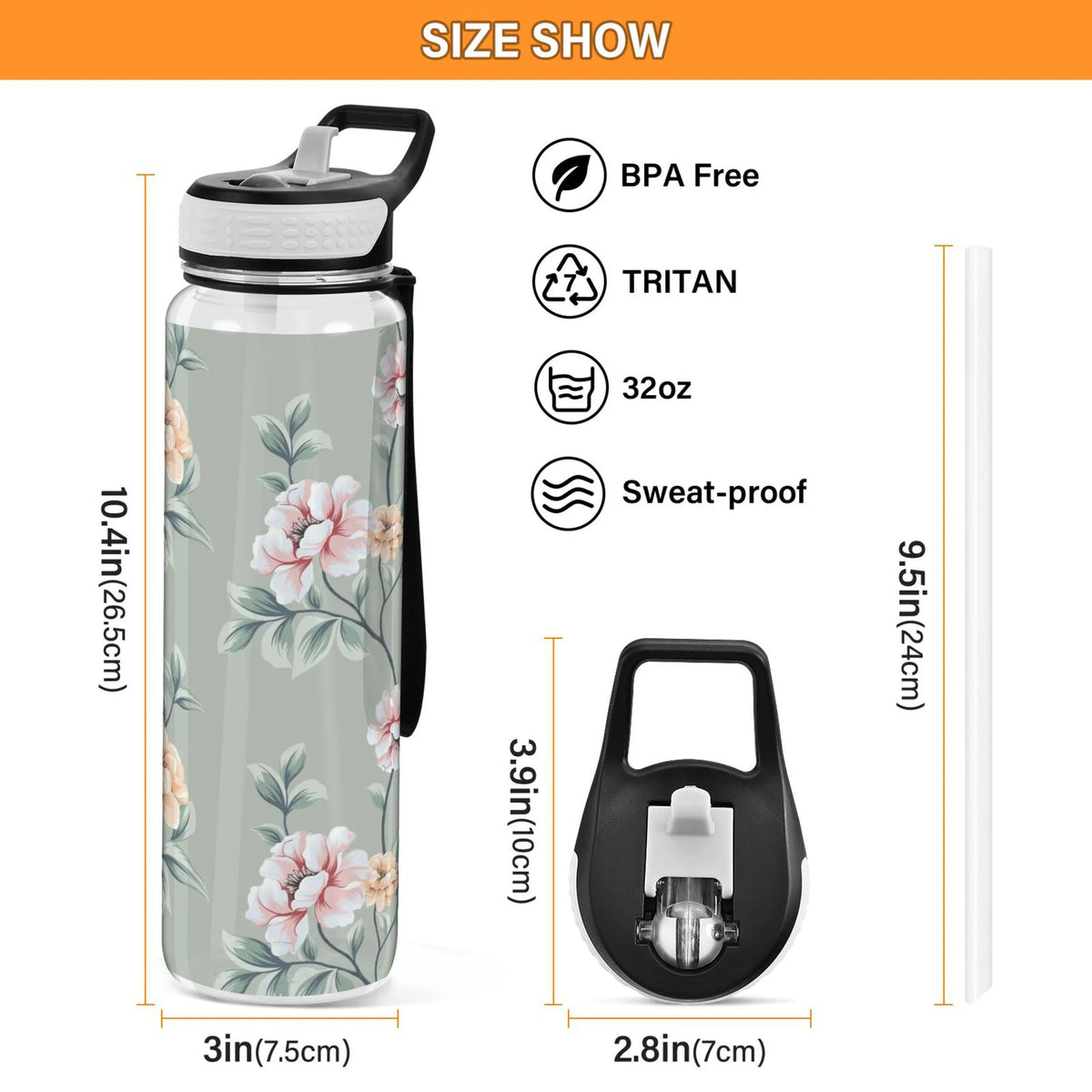 Pink Flowers Green Leaves 32oz Tritan Leakproof Sports Bottle B1300