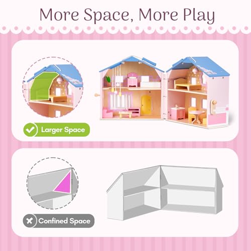 Pink Wooden Dollhouse with 2 Dolls and 12pcs Wooden Furniture V226549
