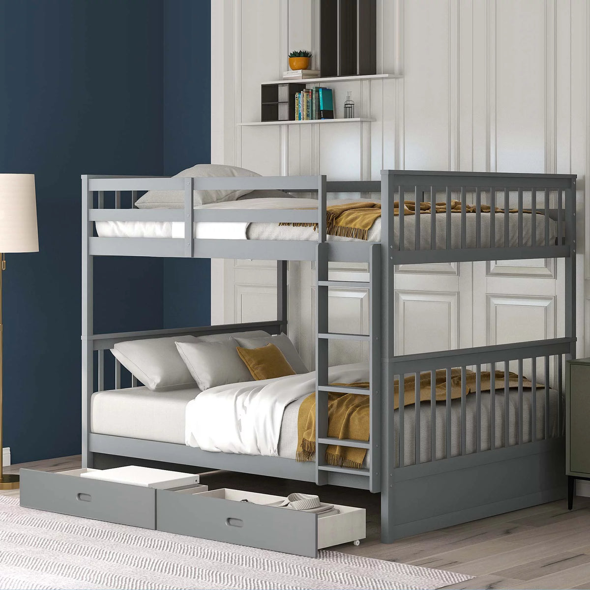 Full over Full Bunk Bed with Ladder and 2 Drawers, Gray X163