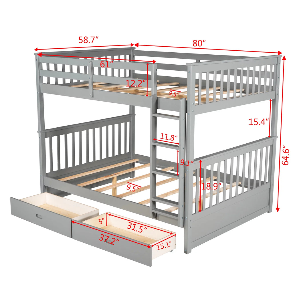 Full over Full Bunk Bed with Ladder and 2 Drawers, Gray X163