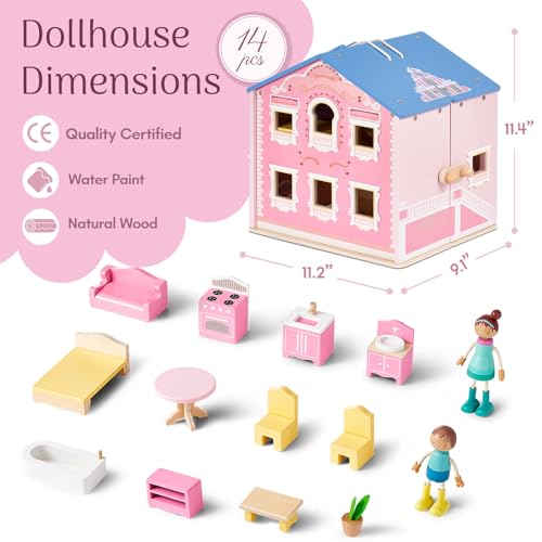 Pink Wooden Dollhouse with 2 Dolls and 12pcs Wooden Furniture V226549