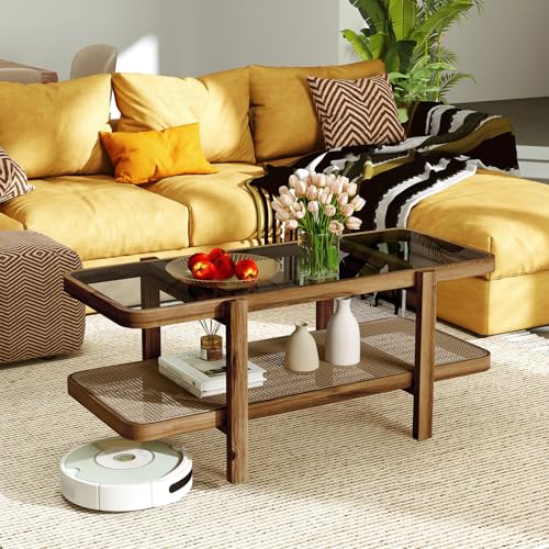 Rattan Coffee Table, 2-Tier with Tempered Glass Tabletop G96975