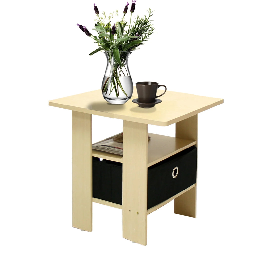 French Oak Grey Black Set of 2 End Table Nightstand with Bin Drawer O5093