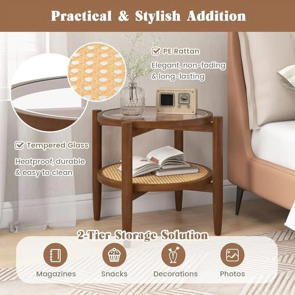 Rattan Round End Table with Tempered Glass Top and Acacia Wood Legs W62568