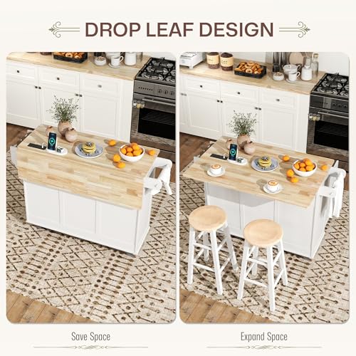 White Rolling Kitchen Island with Wood Top, 3 Drawers, Adjustable Shelf M77617