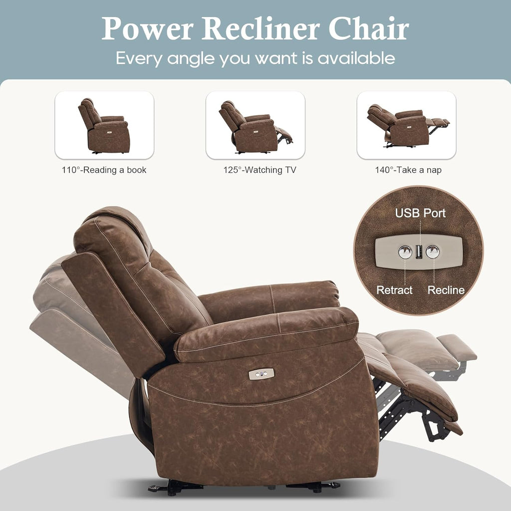Electric Recliner with Heat & Massage, Leather Recliner Chair with Extended Footrest, Power Recliner Chair with USB Ports U74815