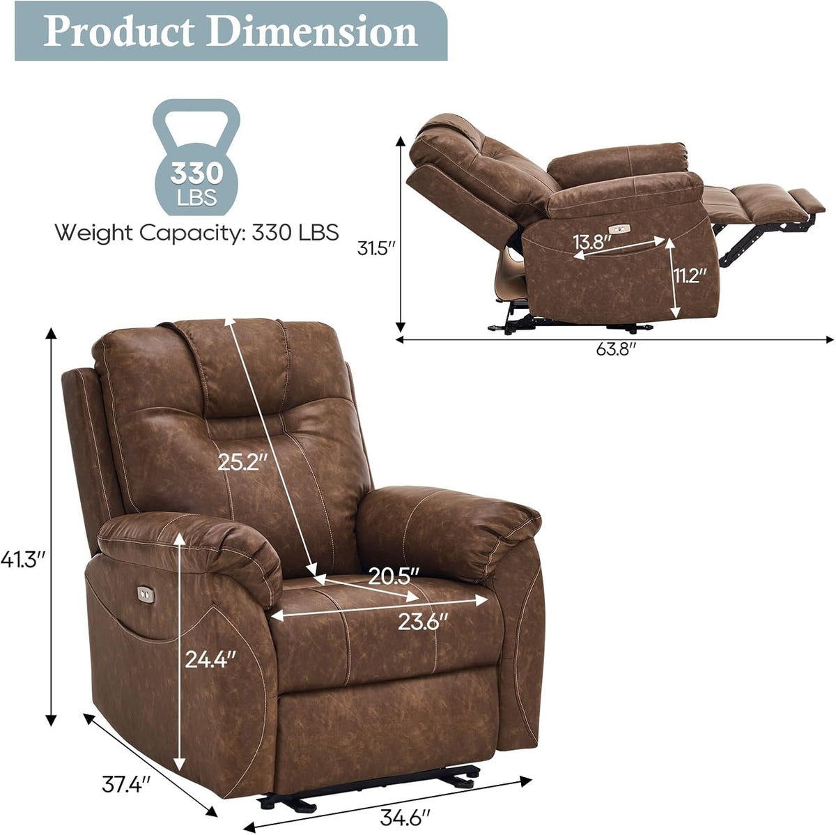 Electric Recliner with Heat & Massage, Leather Recliner Chair with Extended Footrest, Power Recliner Chair with USB Ports U74815