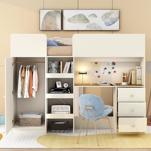 Gray Full Size Wood Loft Bed with Desk K4336