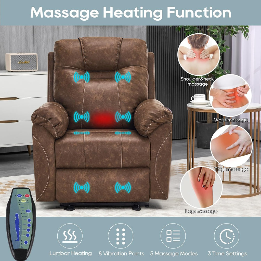 Electric Recliner with Heat & Massage, Leather Recliner Chair with Extended Footrest, Power Recliner Chair with USB Ports U74815