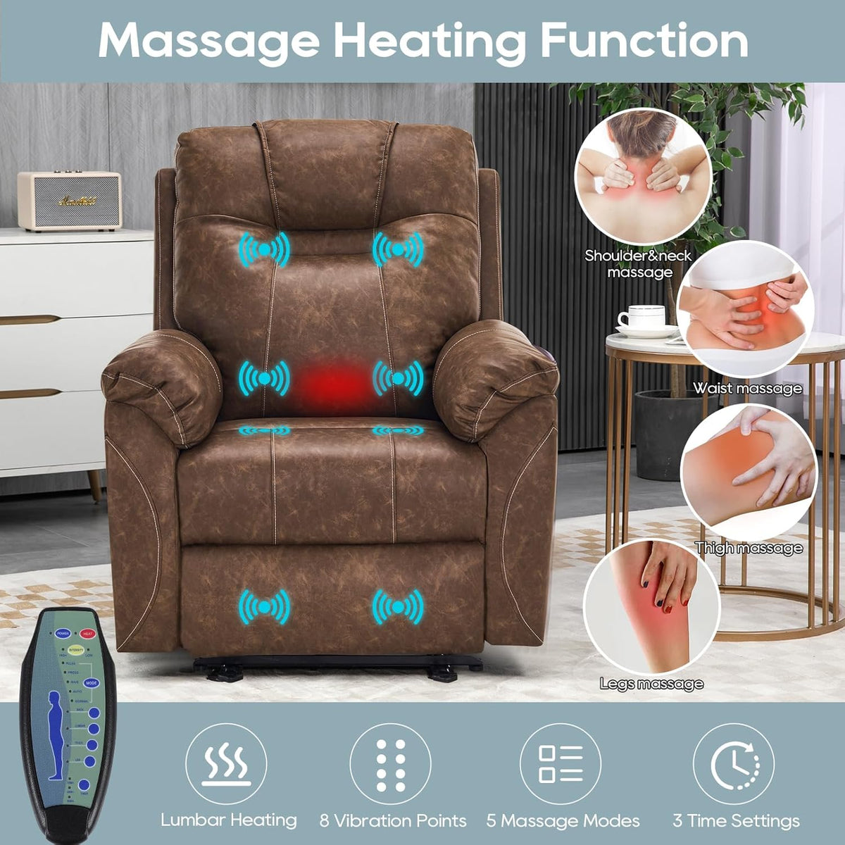 Electric Recliner with Heat & Massage, Leather Recliner Chair with Extended Footrest, Power Recliner Chair with USB Ports U74815