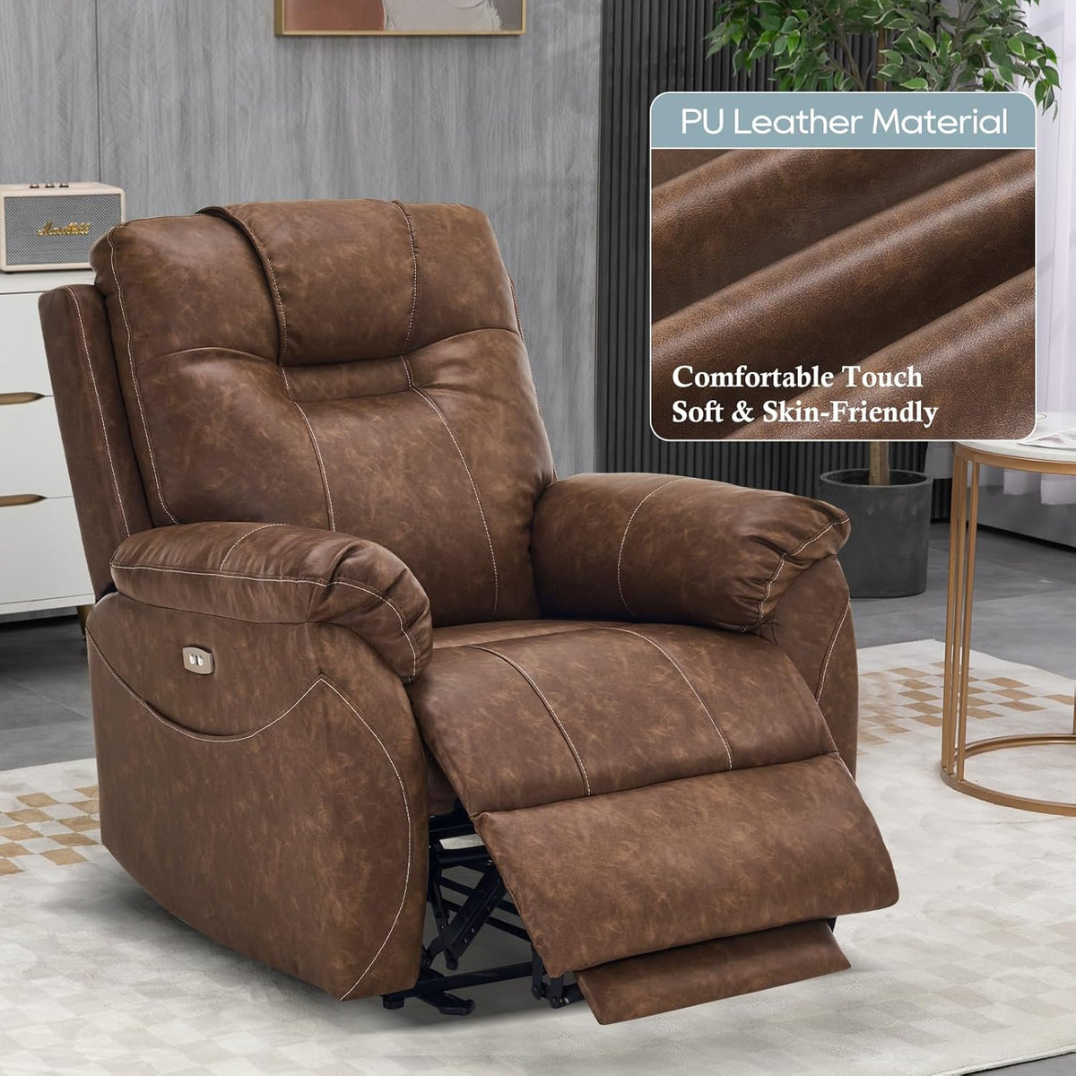 Electric Recliner with Heat & Massage, Leather Recliner Chair with Extended Footrest, Power Recliner Chair with USB Ports U74815
