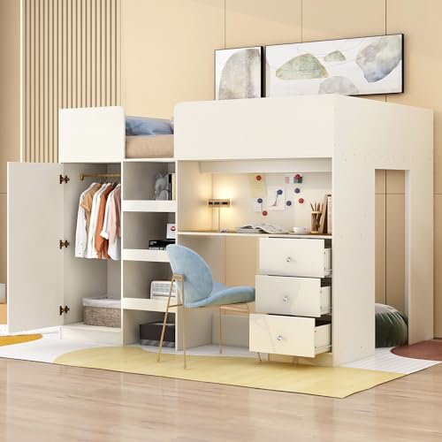 Gray Full Size Wood Loft Bed with Desk K4336
