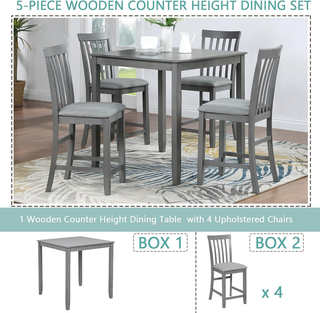 5 Piece Counter Height Dining Table Set with 4 Upholstered Chairs, Dove Gray W279