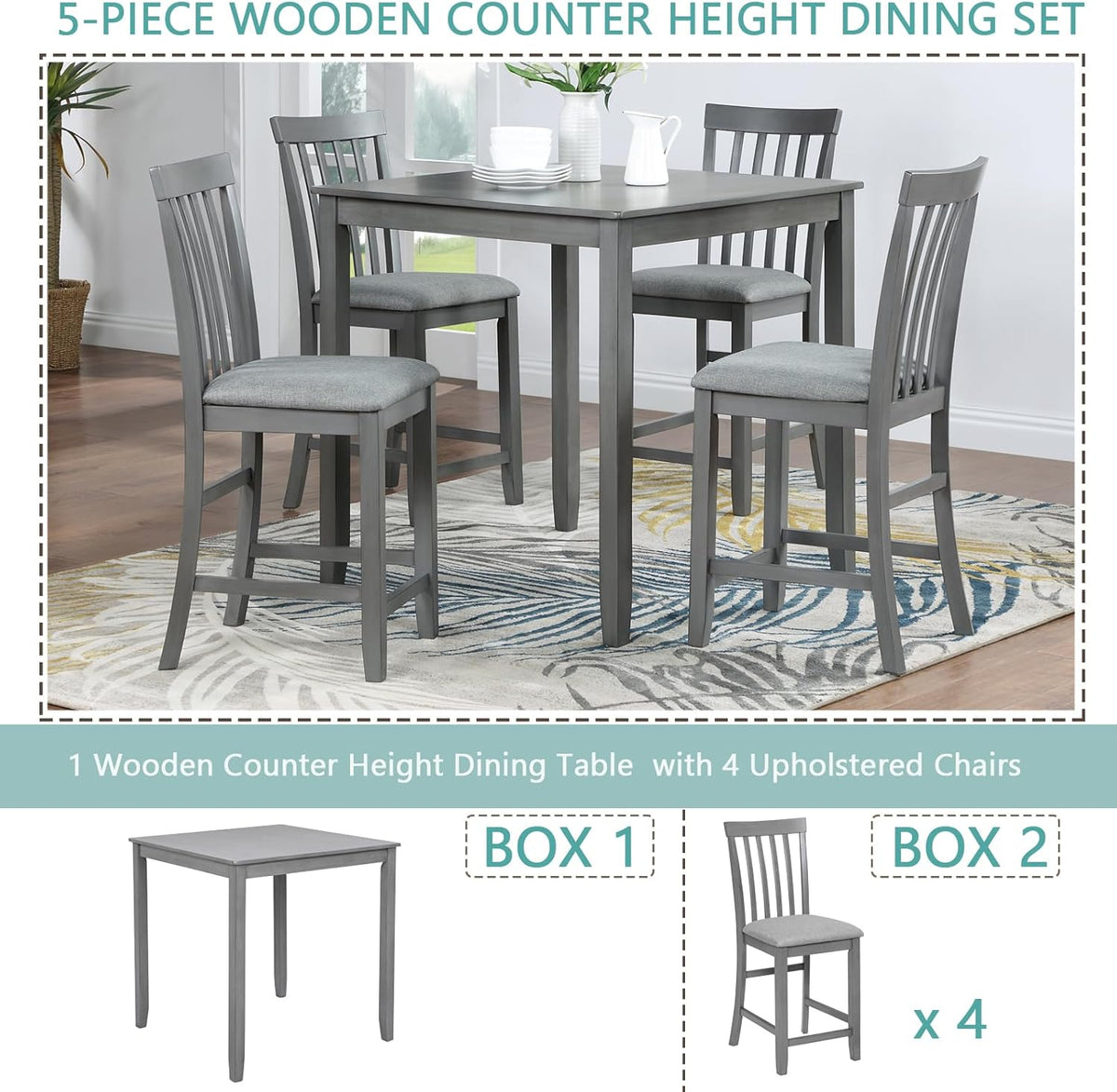 5 Piece Counter Height Dining Table Set with 4 Upholstered Chairs, Dove Gray W279