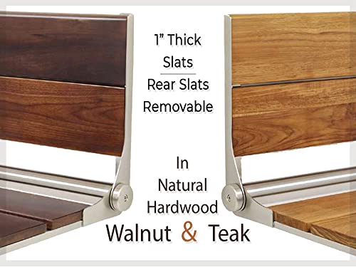 Teak Shower Seat - Type 304 Stainless Steel/Contoured 1" Natural Wood Slats/ADA Folding Wall Mount Bench/Matte Black / 18" x 16" B52347
