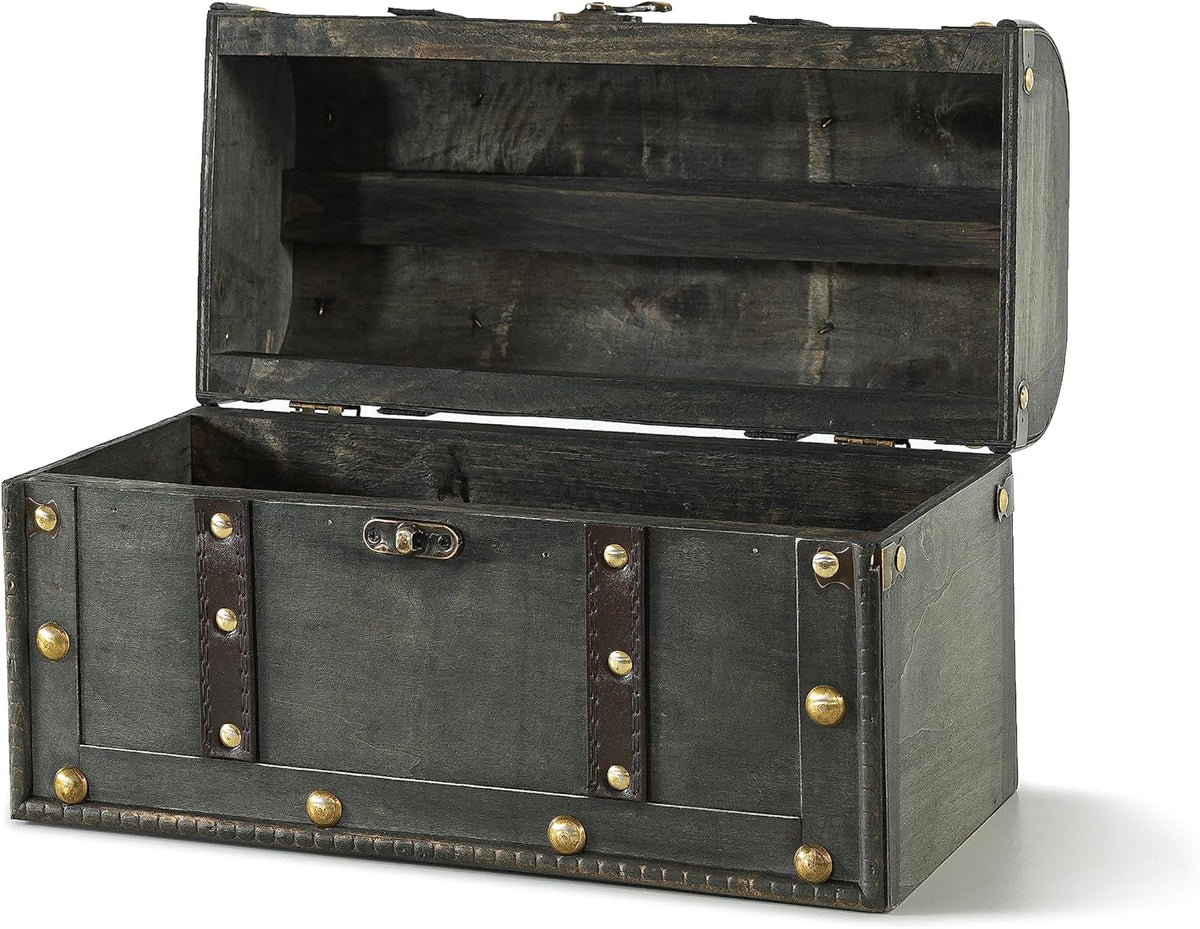 Small Wooden Treasure Chest with Handle and Hinged Lid U33088
