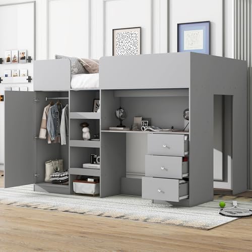 Gray Full Size Wood Loft Bed with Desk K4336