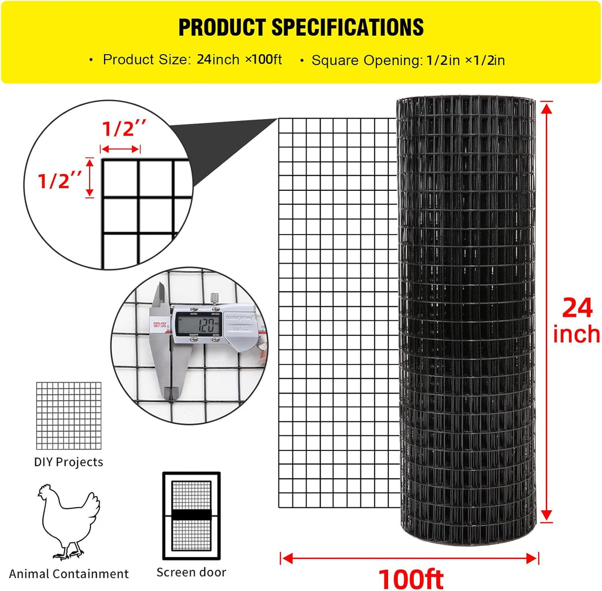 24'' x 100' 1/2inch 16 Gauge Black Vinyl Coated Welded Fence Mesh U5200