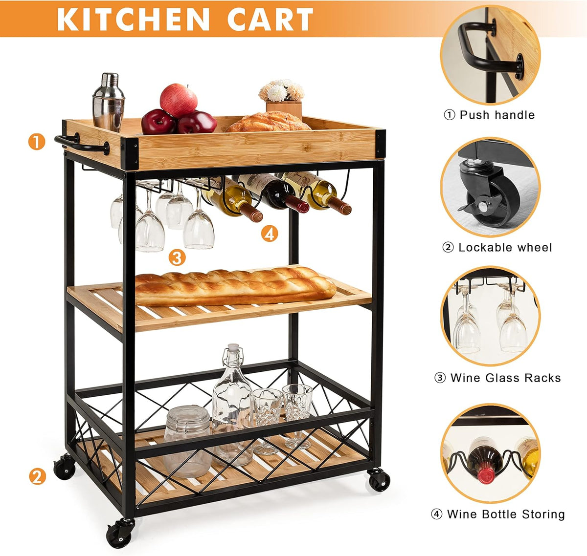 Bamboo Kitchen Cart with Mesh Shelves N527