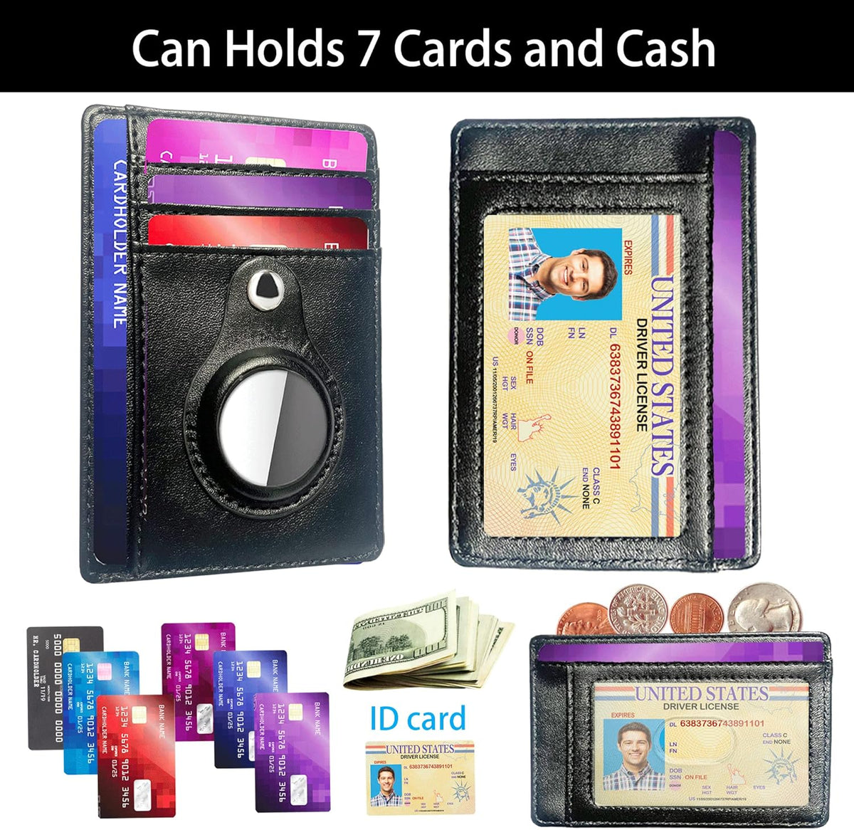 Black Leather Slim Card Holder Wallet with Keychain (2 Pack) G461