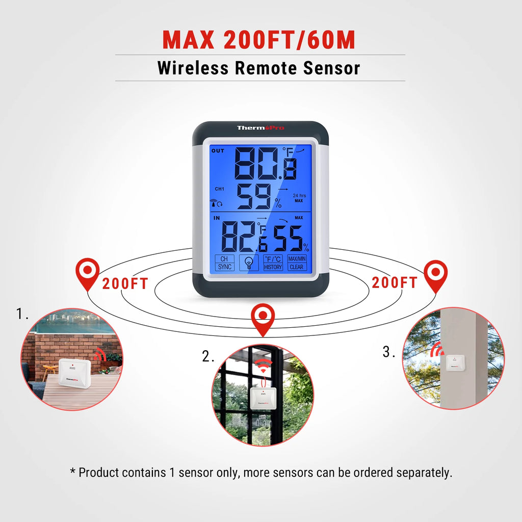 Indoor Outdoor Thermometer Digital Wireless Hygrometer Temperature Humidity Monitor with Jumbo Touchscreen and Backlight D1824