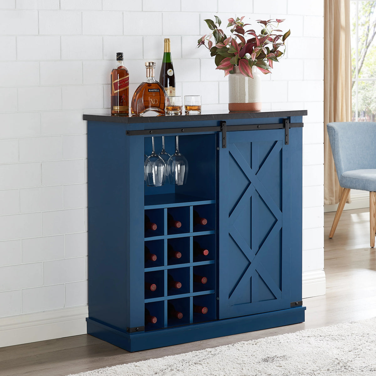 Navy Blue Wood Buffet Cabinet with Barn Door W15271