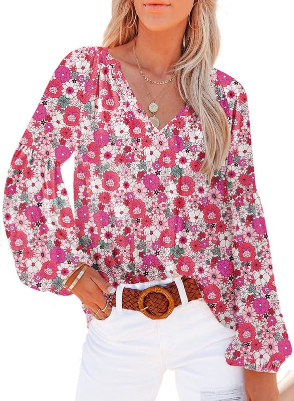 Women's Floral Print V Neck Long Sleeve Loose Blouses Tops C5448