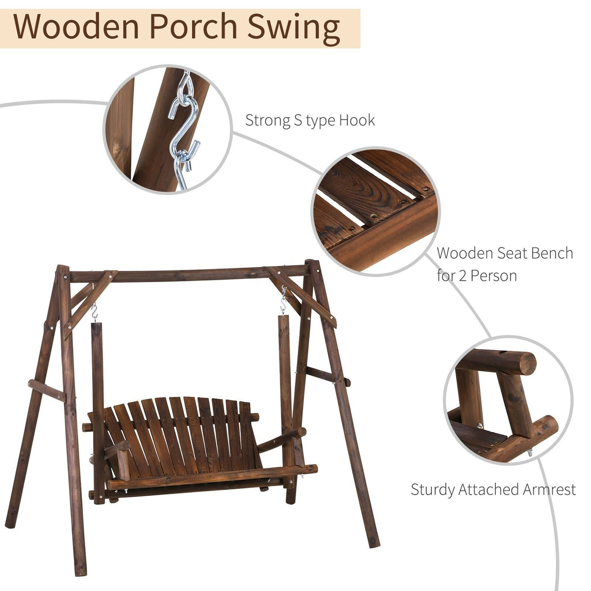 6.5 ft Outdoor Solid Wood Garden Swing X7387