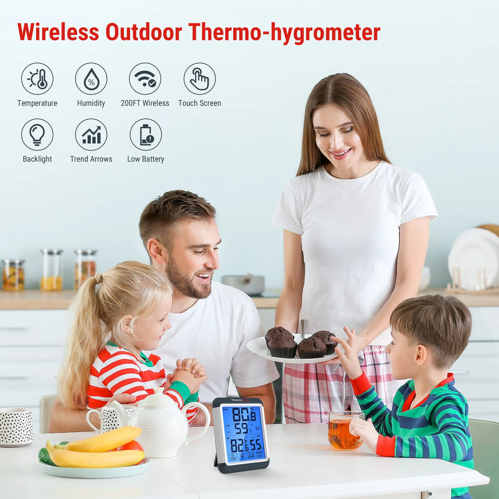 Indoor Outdoor Thermometer Digital Wireless Hygrometer Temperature Humidity Monitor with Jumbo Touchscreen and Backlight D1824