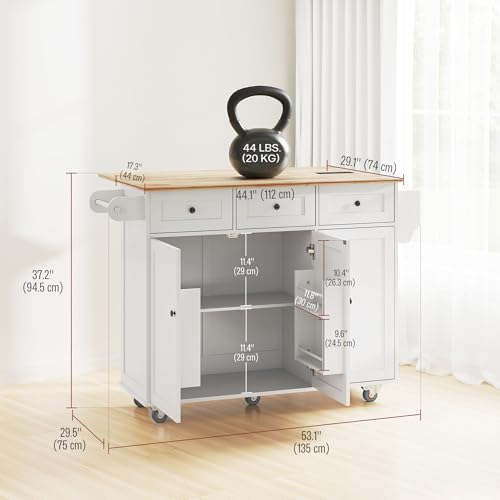 White Rolling Kitchen Island with Wood Top, 3 Drawers, Adjustable Shelf M77617
