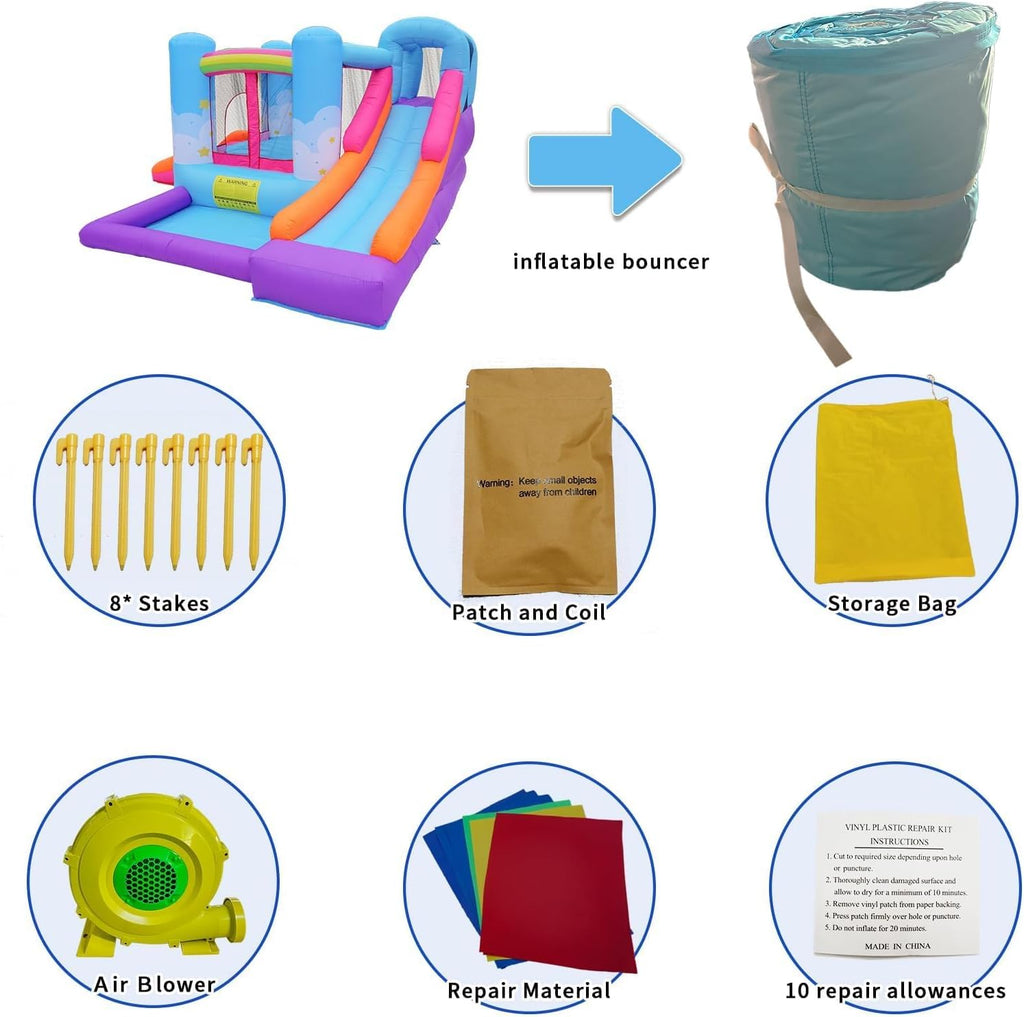 Inflatable Bounce House with Air Blower, Ball Pit, Slides, Reinforced PVC Bounce Floor R114