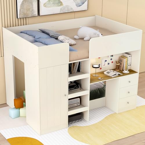 Gray Full Size Wood Loft Bed with Desk K4336