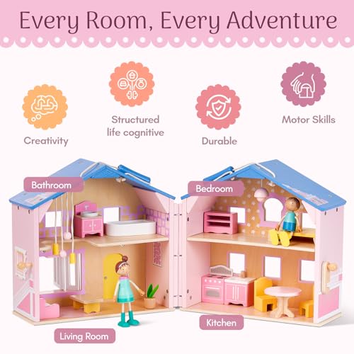 Pink Wooden Dollhouse with 2 Dolls and 12pcs Wooden Furniture V226549