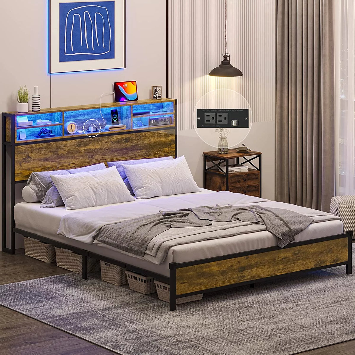 Rustic Brown Full Size Metal Platform Bed Frame with LED Headboard and USB Ports G93376