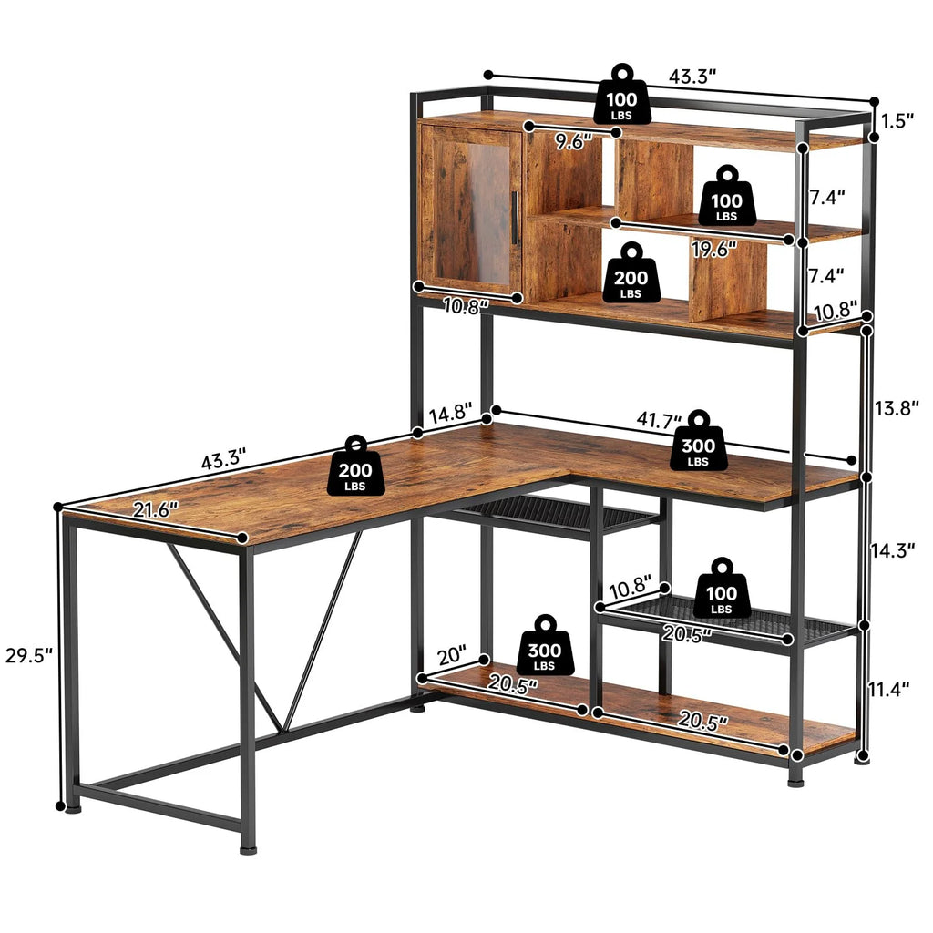 L Shape Computer Desk with LED Light and Bookshelf Y591