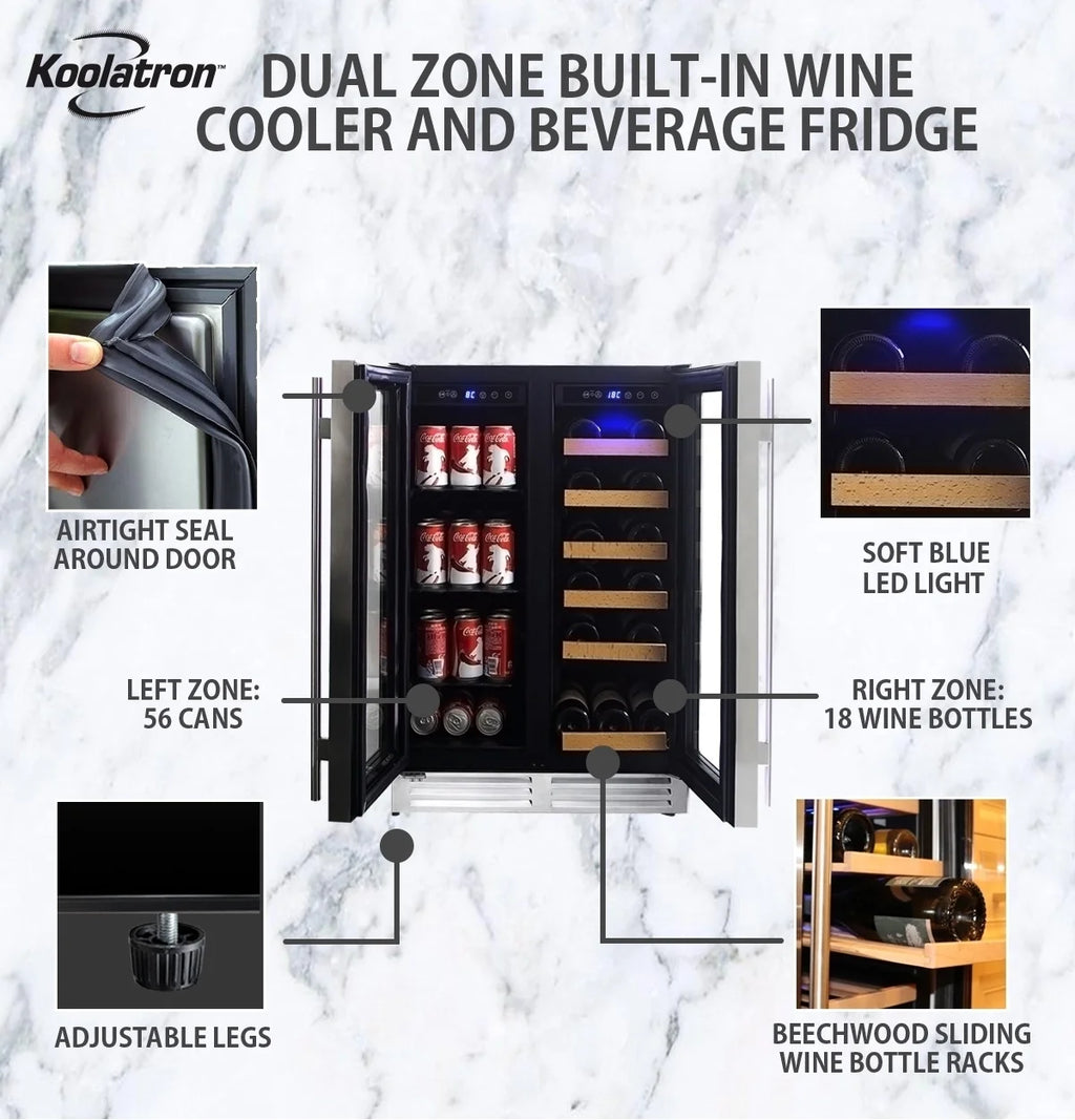 18 Bottles and 56 Cans Built-In Under-Counter 24 Inch Dual Zone Wine Cooler and Beverage Fridge J12445