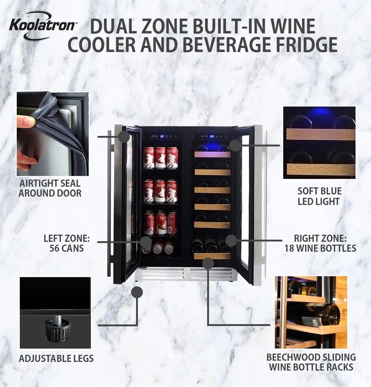18 Bottles and 56 Cans Built-In Under-Counter 24 Inch Dual Zone Wine Cooler and Beverage Fridge J12445