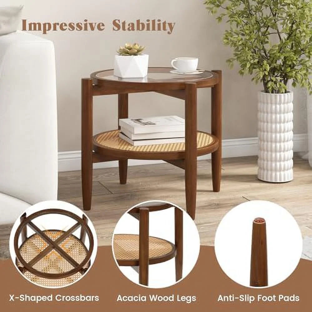 Rattan Round End Table with Tempered Glass Top and Acacia Wood Legs W62568