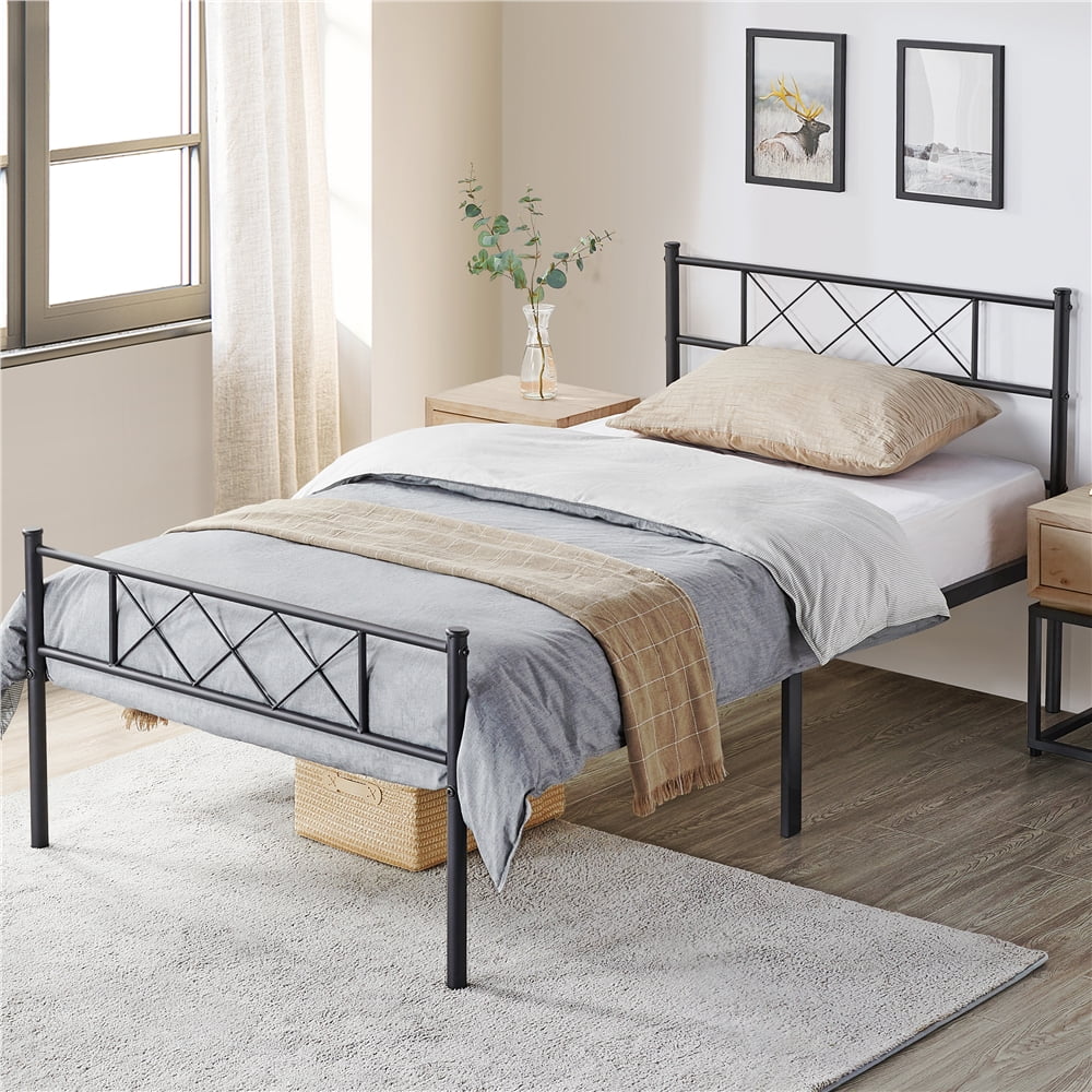 Black Twin Metal Slatted Bed Frame with Headboard Footboard S5250