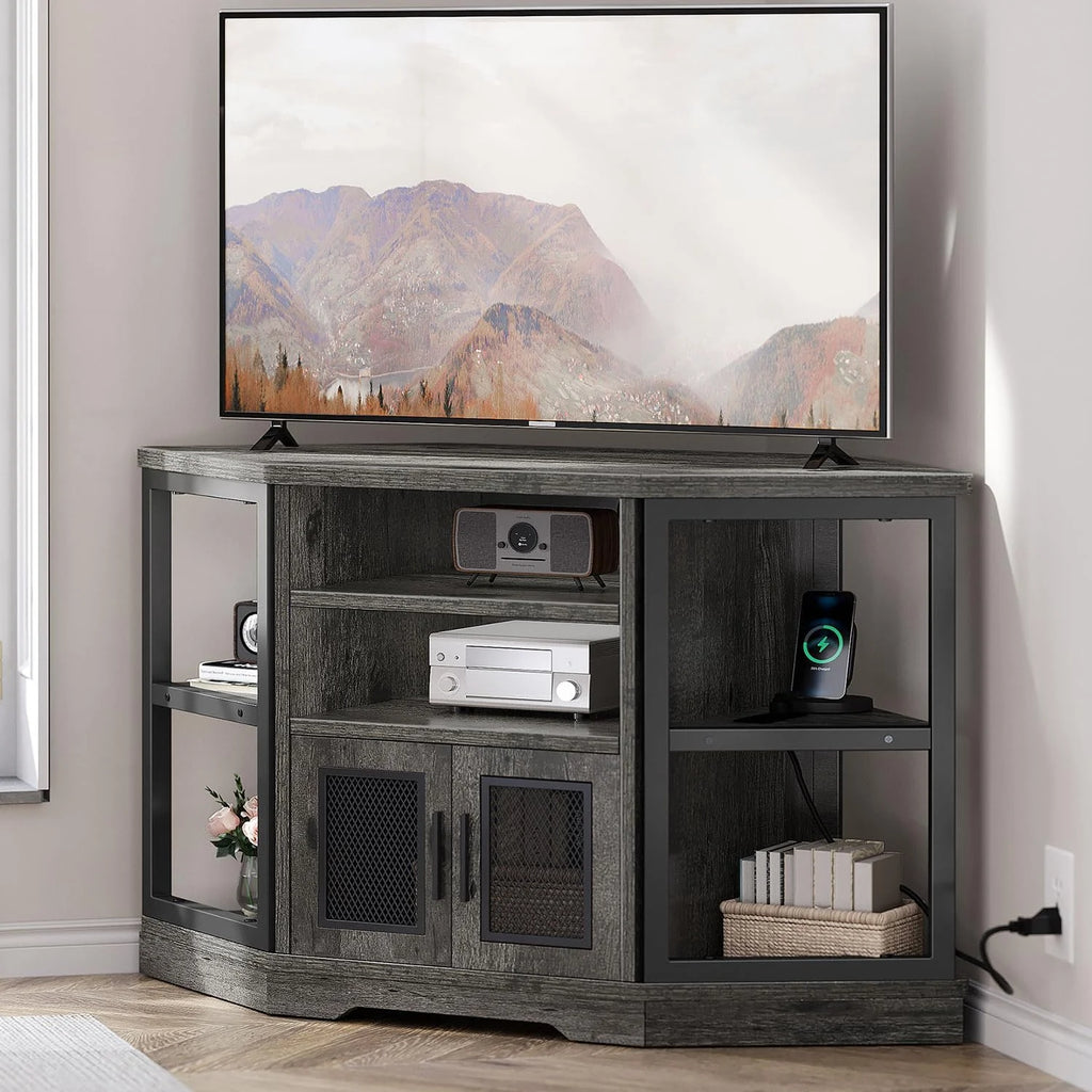Corner TV Stand up to 55 Inch with Power Outlet, Gray Oak I396270