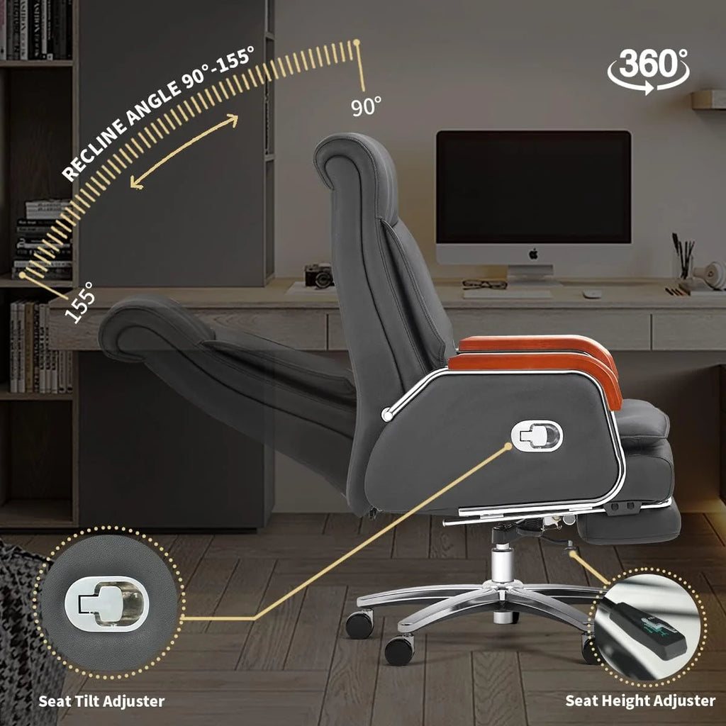 Black Leather Reclining Office Chair with Footrest B2267